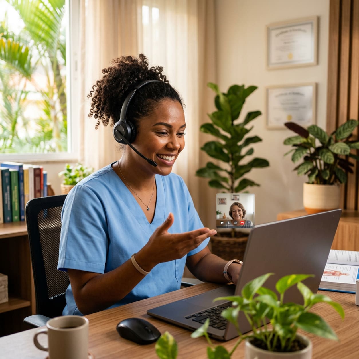Enfermeira com headset fazendo uma teleconsulta de enfermagem pelo notebook