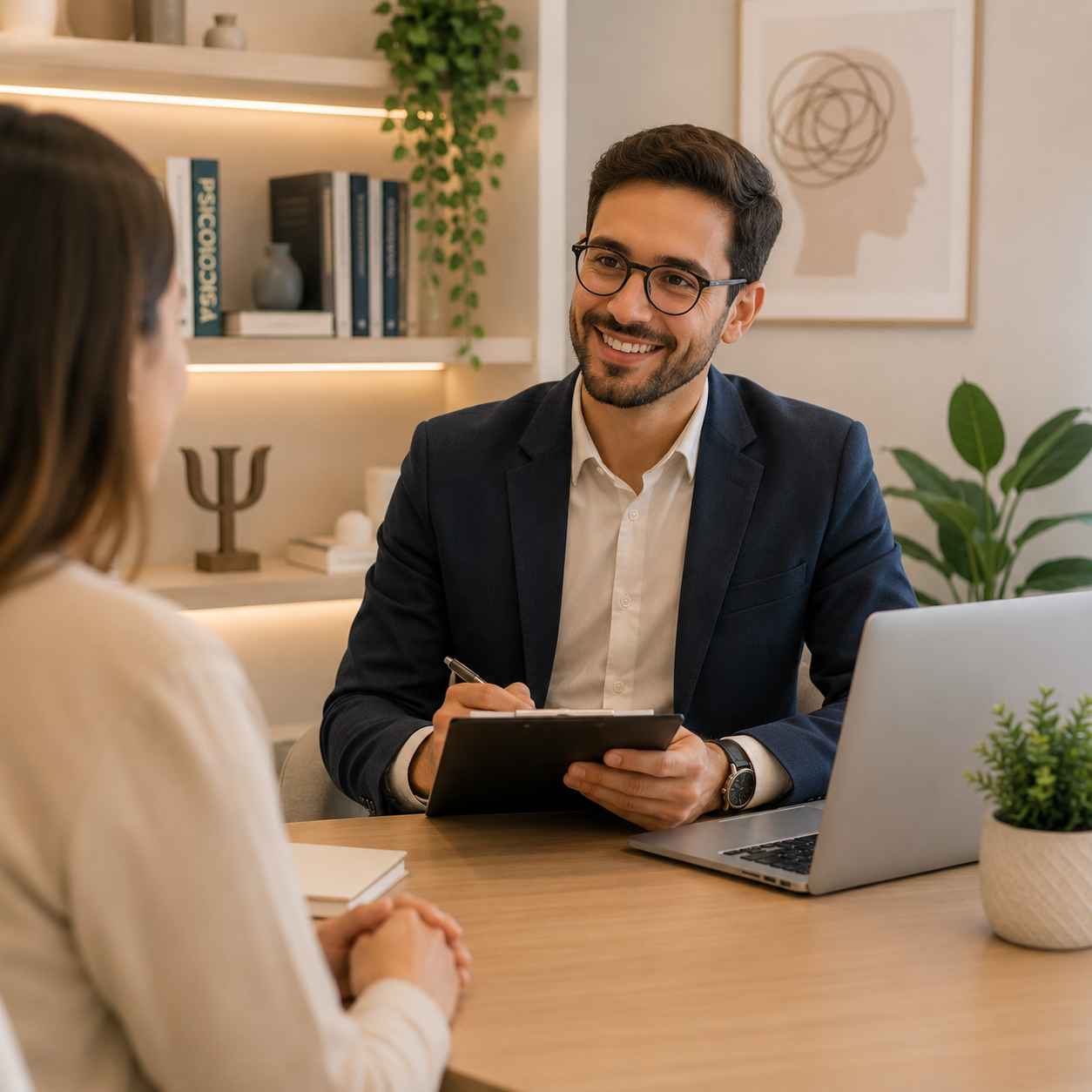 Psicólogo em sessão registrando a evolução no prontuário sigiloso do SmartDoctor