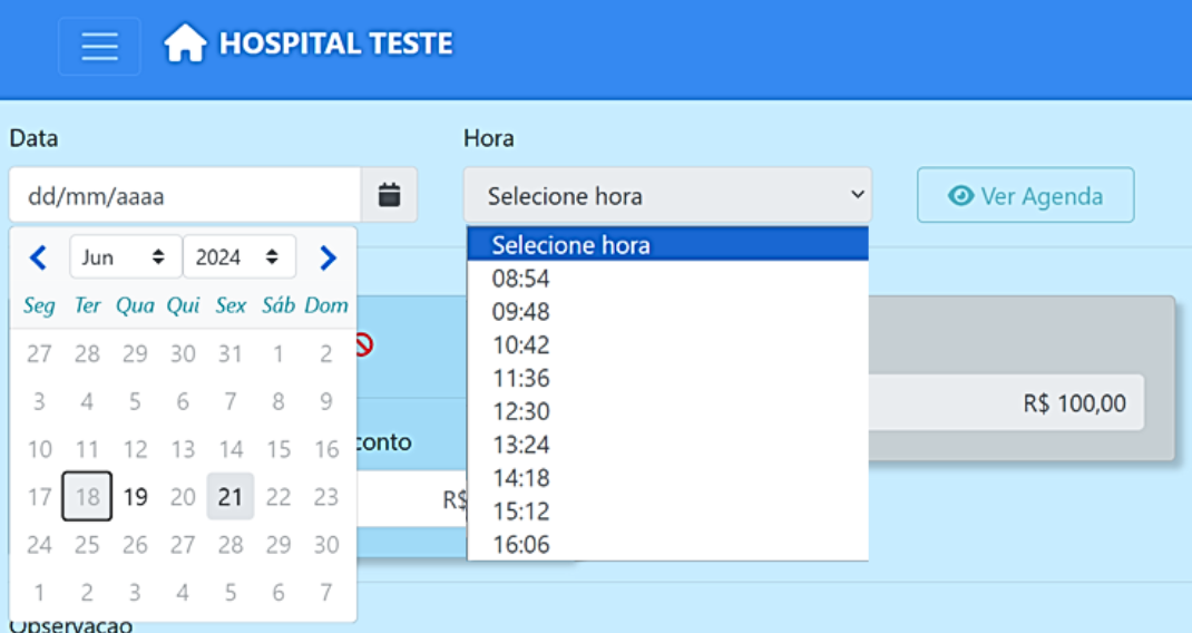 Widget de agendamento do site mostrando calendário e horários livres